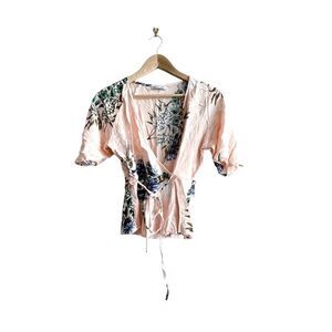 Dex Blouse Peach Floral Top Wrap Front Side Tie Women's M